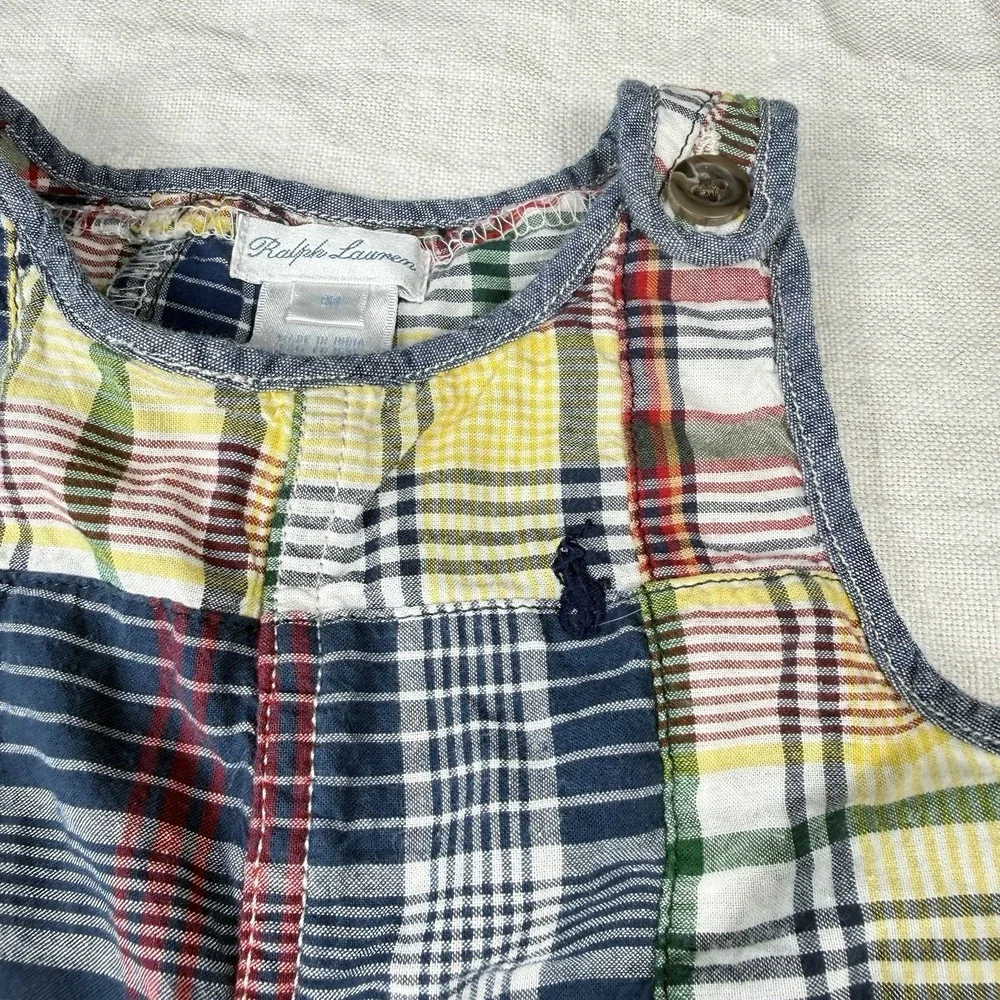 Ralph Lauren Shortalls Baby Boy 9M Plaid Patchwork Madras Western Romper FLAW